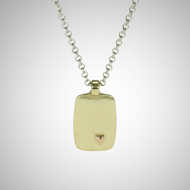 Medium Yellow Gold Dog Tag Featuring Tiny Rose Gold Heart