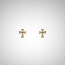 Tiny Yellow Gold Goth Cross Post Earrings with Cognac Diamonds