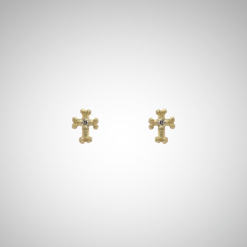 Tiny Yellow Gold Goth Cross Post Earrings with Cognac Diamonds