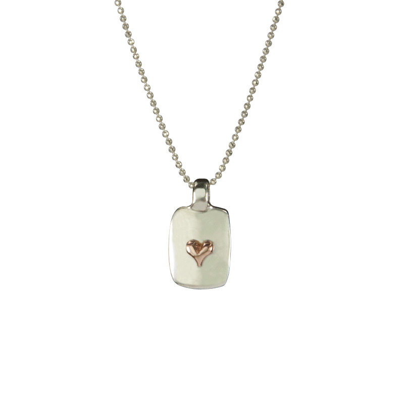 Small Silver Dog Tag with Rose Gold Tiny Heart