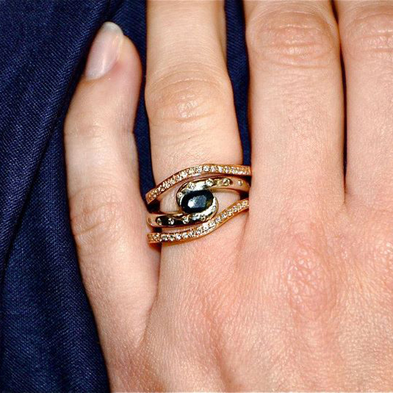 Custom Engagement Ring in White Gold, Sapphire and Diamonds with Yellow Gold and Diamond Wedding Bands