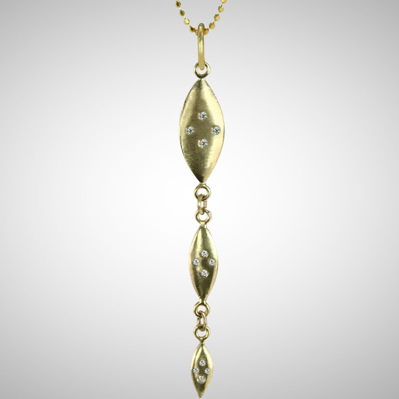Yellow Gold Triple Shield Drop Pendant with White Diamonds