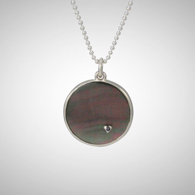 Black Round Mother of Pearl Pendant with Tiny Heart and Black Diamond