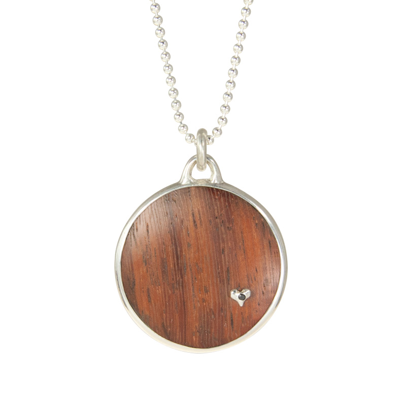 Reclaimed Wood Round Pendant in Machiche with Tiny Heart & 1 Black Diamond in Sterling Setting
