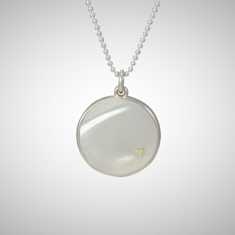 White Round Mother of Pearl Pendant with 14K Yellow Gold Tiny Heart