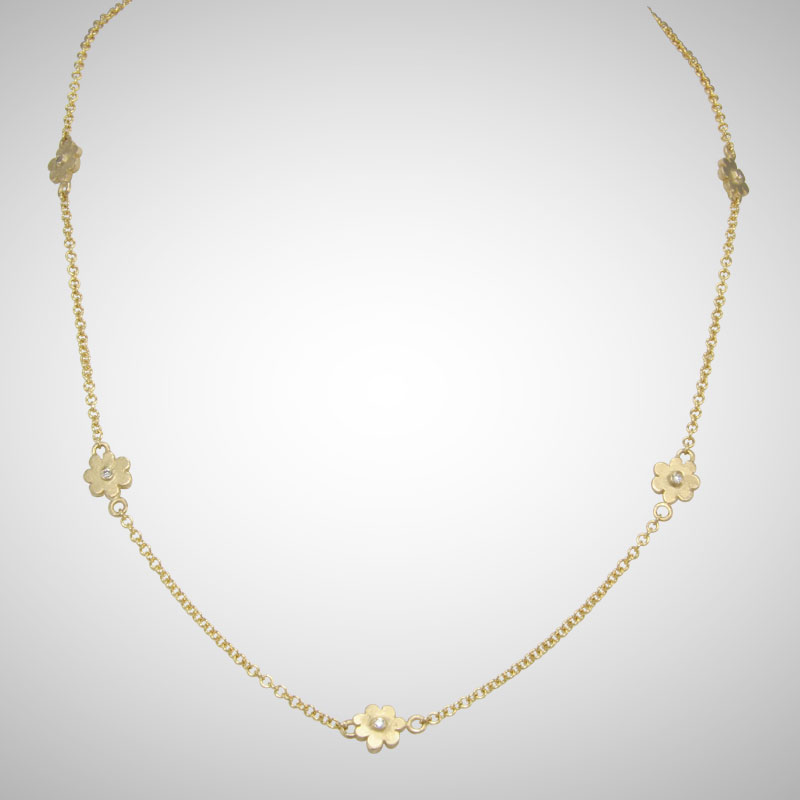 Yellow Gold Daisy Chain Necklace with 5 Daisies and Diamonds