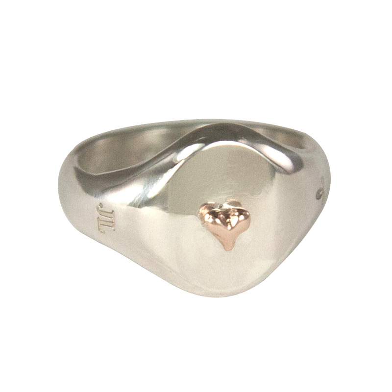 Silver Medium Signet Ring with Rose Gold Tiny Heart