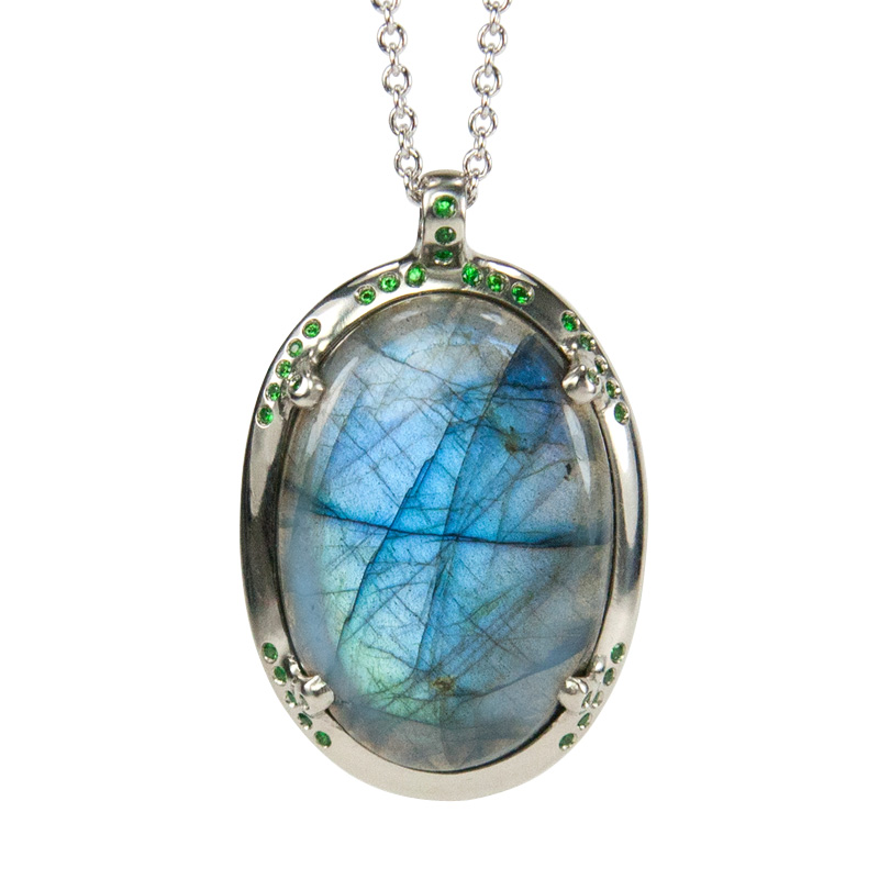 Custom Pendant in White Gold  with Labradorite and Tsavorite
