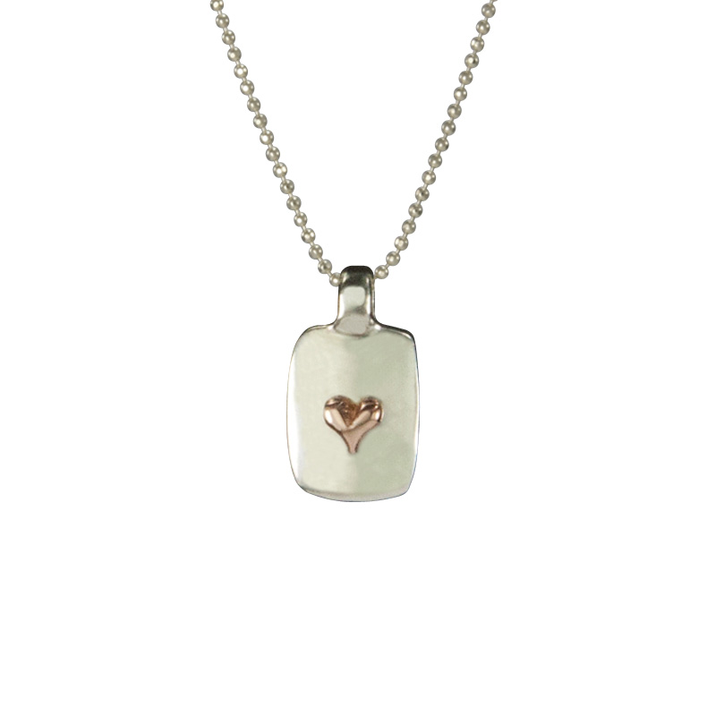 Small Silver Dog Tag with Rose Gold Tiny Heart