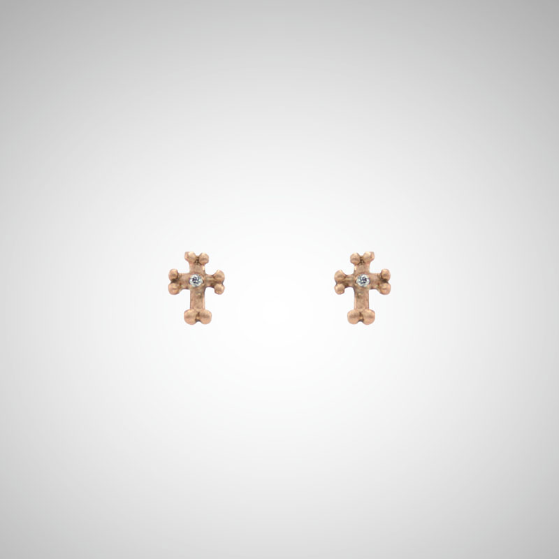 Tiny Rose Gold Goth Cross Post Earrings with White Diamonds