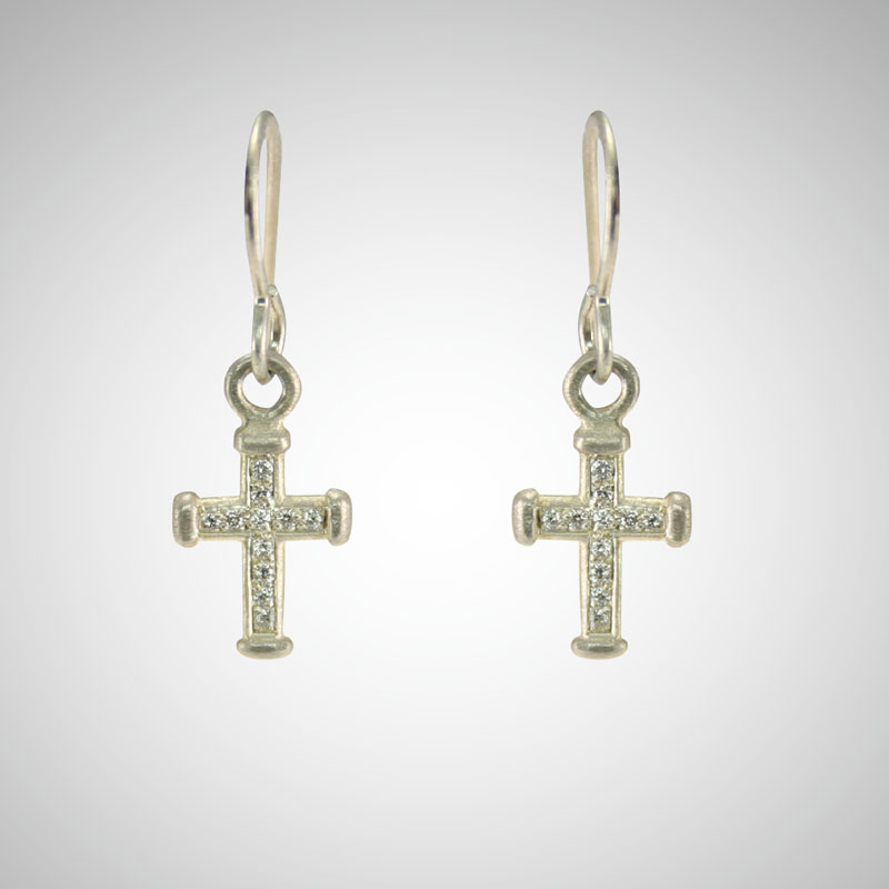 Small Silver Holy Cross Earrings with White Diamonds