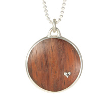 Reclaimed Wood Round Pendant in Machiche with Tiny Heart & 1 Black Diamond in Sterling Setting